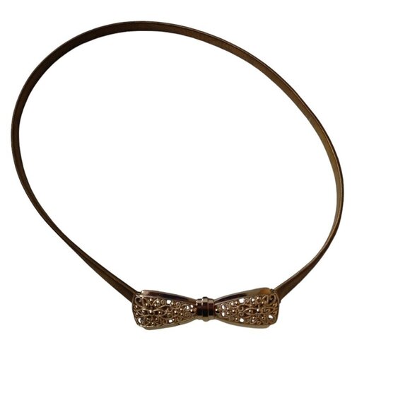 Metal Snake Gold Tone Cinch Bow Closure Stretch Retro Skinny Belt - Picture 1 of 4